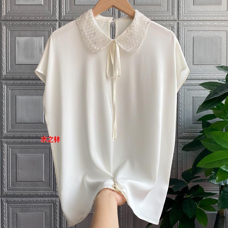 Elegant Gentle Style White Imitation Silk Shirt 2024 Summer New Doll Collar Small Shirt Mulberry Silk Short-sleeved Top