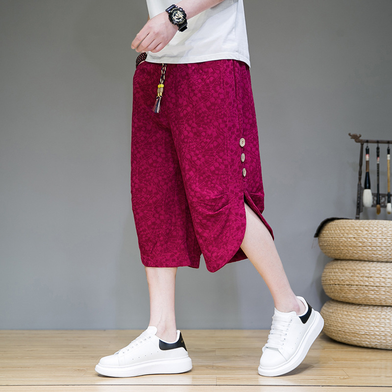 Summer Wide-Leg Pants Chinese Style Cropped Pants Men's Loose Printed Cotton and Linen Casual Shorts Plus Size Youth Beach Pants
