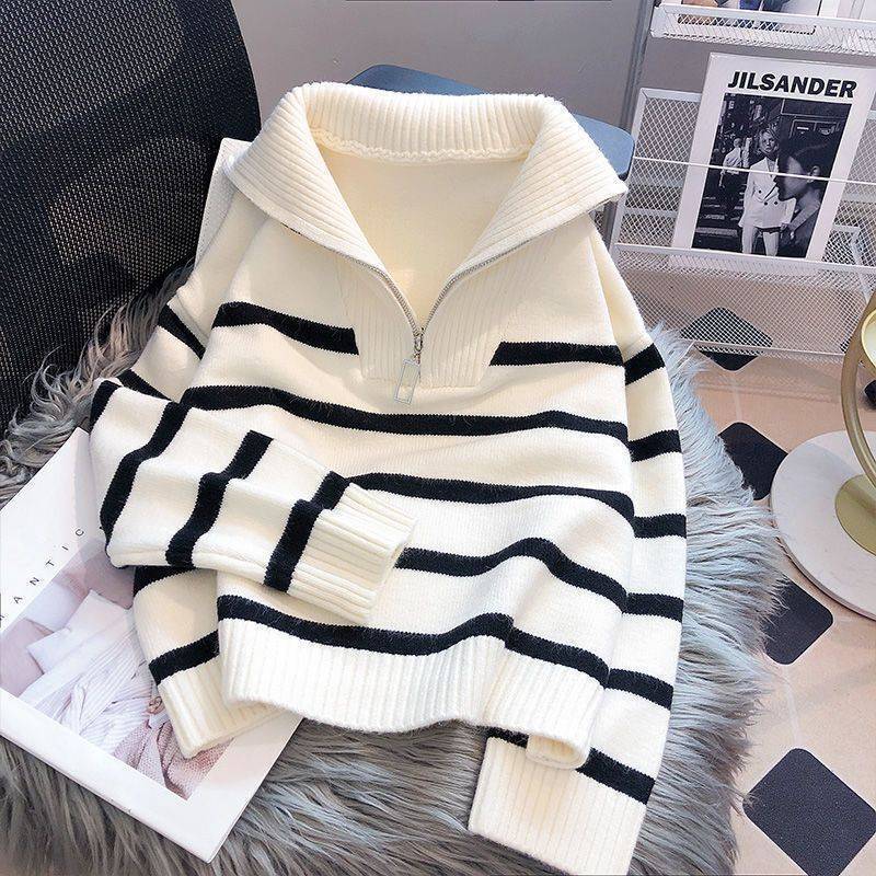 Women's Sweater Women's Spring and Spring Thickened Inner 2025 New Style Striped Base Knitted Half Zipper Loose and Beautiful Outer Wear