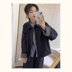 高级感拼接格子翻领黑色皮衣外套女春秋新款休闲百搭PU皮夹克上衣