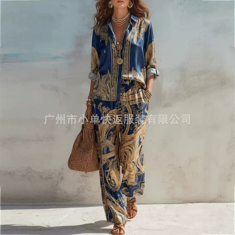 2020 Summer New Amazon Independent Brand Navy Style Baroque Print Shirt and Wide-Leg Pants Two-Piece Set