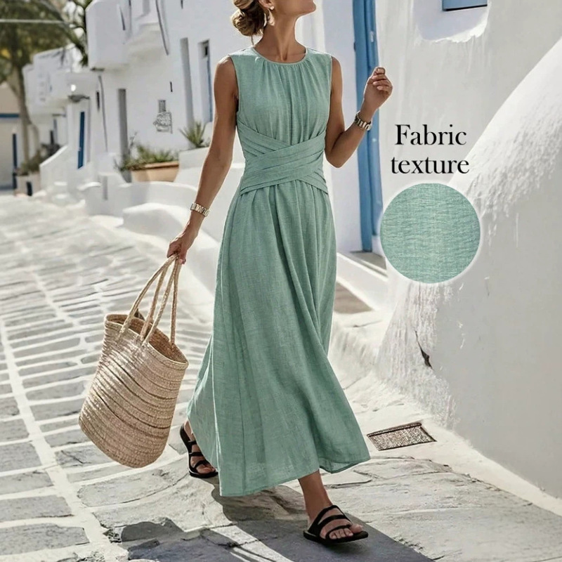 Mint Green Sleeveless Long Dress, European and American Style, Waist-Cinching Dress, Long Skirt with Large Hem, Vacation Casual, Amazon Cross-Border