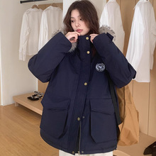 工装派克棉服女2025冬季设计感中长款连帽大毛领加厚宽松棉衣外套