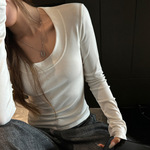 天丝秋冬季大圆领磨毛正肩长袖t恤女内搭打底衫高级感可外穿上衣