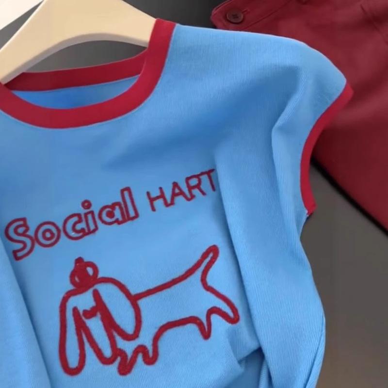 クラインブルー子犬プリントベスト半袖 Tシャツ女性のための 2025 夏の新しいドーパミンニッチ気質トップ|undefined