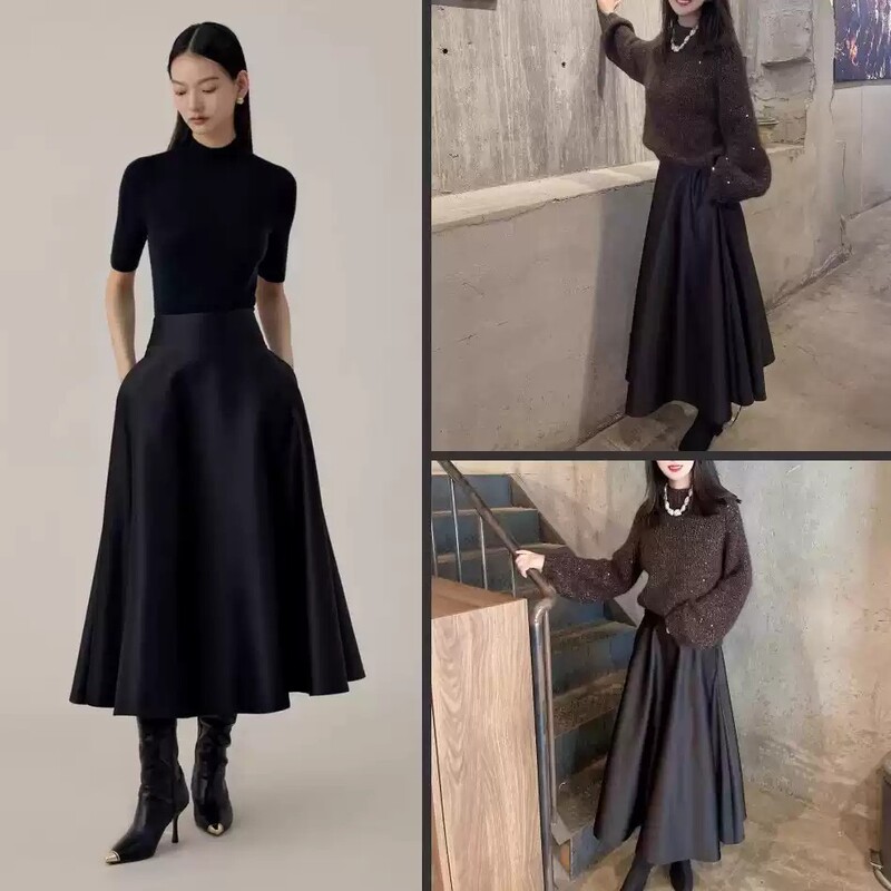 Heavyweight double-sided silk skirt, Hepburn-style little black dress, women's A-line skirt, French umbrella skirt, commuter skirt, base skirt