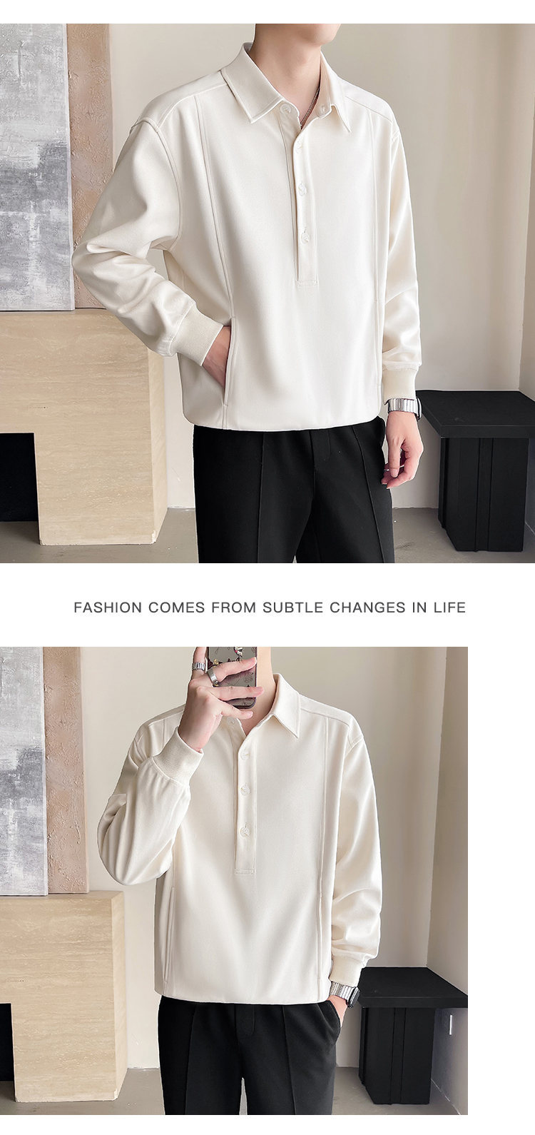 Jesenski in zimski priložnostni enobarvni pulover s kapuco in reverjem za moške_voghion.com