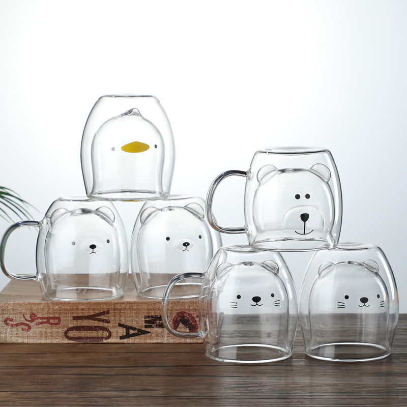 Vidrio de dibujos animados marca leche jugo oso doble capa taza de café borosilicato colorido lindo hogar taza de té