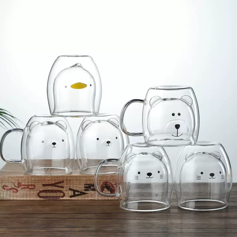 卡通玻璃马克牛奶果汁小熊杯子双层咖啡杯高硼硅彩色可爱家用