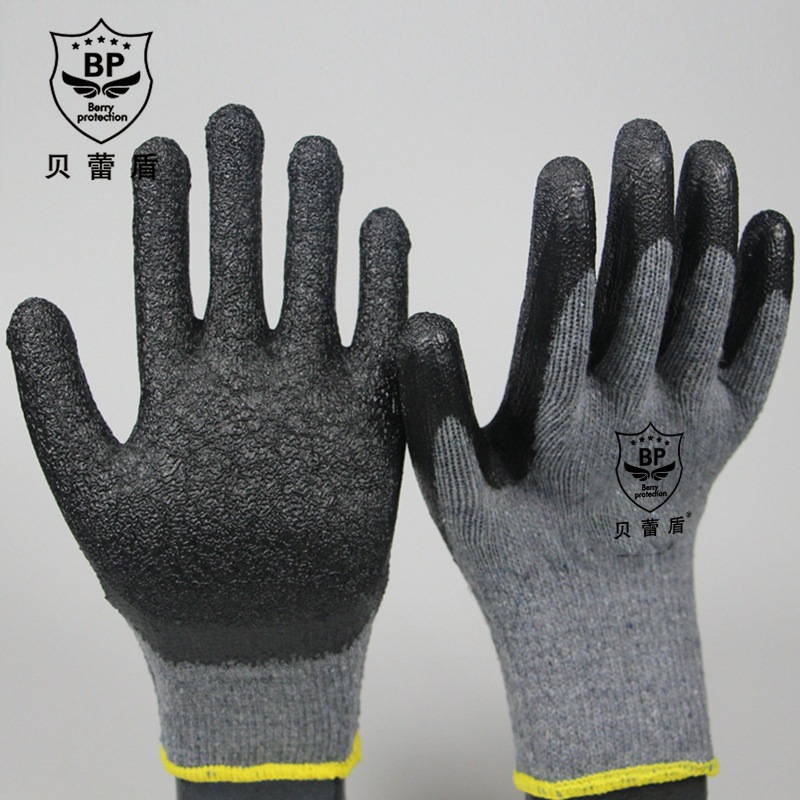 厂家批发十针纱线手套工地车间汽车维修皱纹浸胶手套挂胶劳保手套