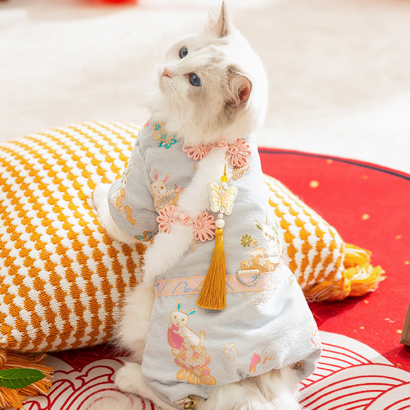 가을과 겨울의 털이없는 고양이 따뜻한 중국 나비 술 네 다리 탕 세트 개면 패딩 옷 애완 동물 새해 옷