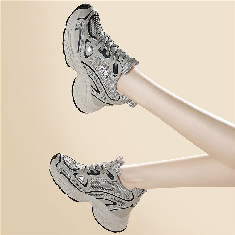 Giày sneaker nữ đế dày Diddy 2026 mới mùa hè, lưới thoáng khí, tăng chiều cao, nhẹ — 7009-5 Xám Lan, 7009-5 Màu be