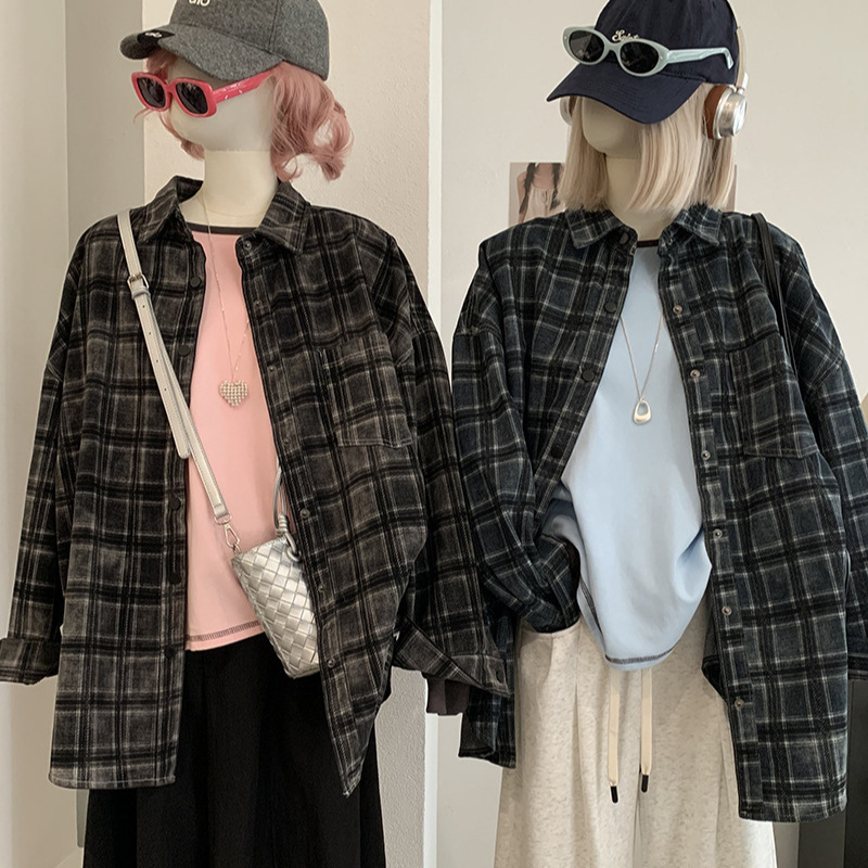 KEKEZOON Turn-down Collar Single-breasted Long-sleeve Loose Mid-length Denim Shirt Vintage Fashion Top 9023