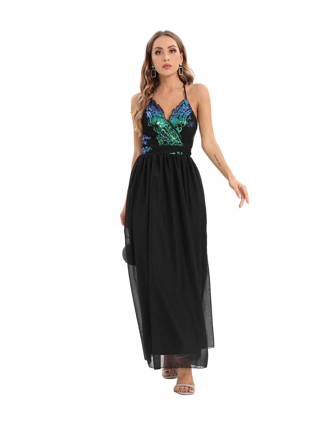 Sequined Backless Spaghetti Strap Maxi Dress