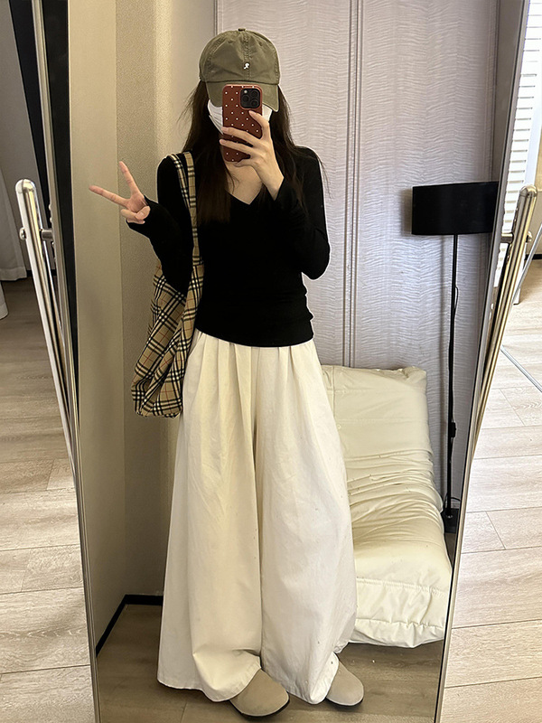 黑色V领百搭正肩长袖t恤女春秋冬2025新款修身显瘦内搭打底衫上衣|undefined