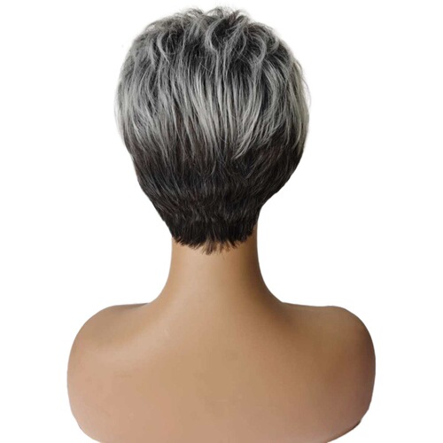 Factory direct sales foreign trade fashion wig, gradient gray and white female short hair, small curly tube partial parting, high temperature wire one piece hair