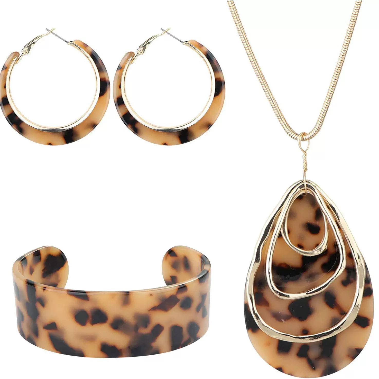 跨境亚马逊个性C型醋酸板材手镯耳环项链套装 开口豹纹时尚首饰女