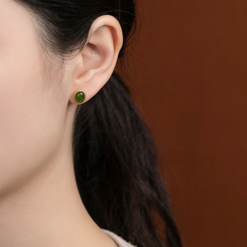 Bông tai nữ hình bầu dục ngọc bích tự nhiên mạ vàng bạc S925 — Mẫu vàng (một cặp)