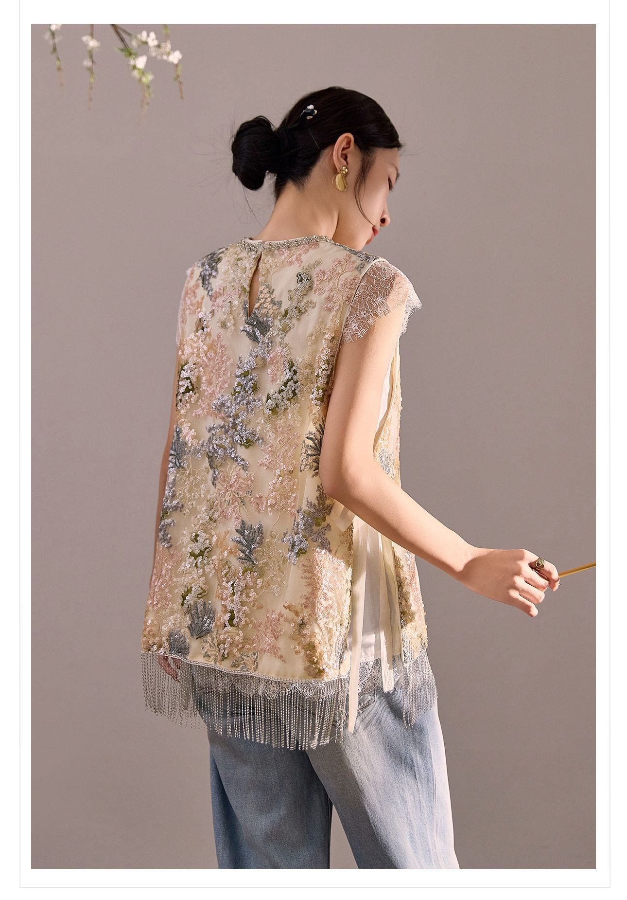 Áo hai dây nữ phong cách Trung Hoa đính tua rua sequin cổ đá N5058 — Màu hồng be chi tiết 17