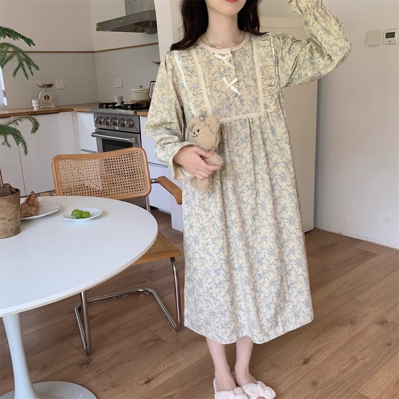 法式甜美睡衣女款春秋季2025年新款长袖蝴蝶结碎花家居服套装圆领|undefined