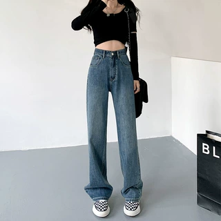 洗水做旧高腰小个子直筒裤百搭韩版复古宽松垂感阔腿拖地牛仔裤女