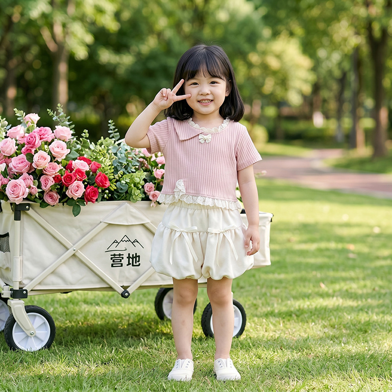 Outing Outfit: Polo Collar Lace-Trimmed Knit Top, Pure Cotton Children's Set, Puffy Bloomers, Girls' Two-Piece Set