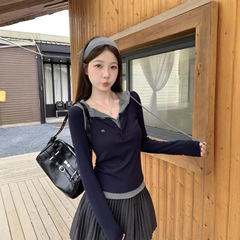大码胖妹妹美式复古撞色拼接连帽长袖T恤修身显瘦上衣