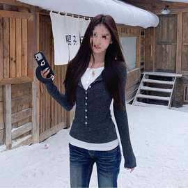 【原版面料】简约修身假两件拼接撞色长袖打底衫女秋冬季新款2025
