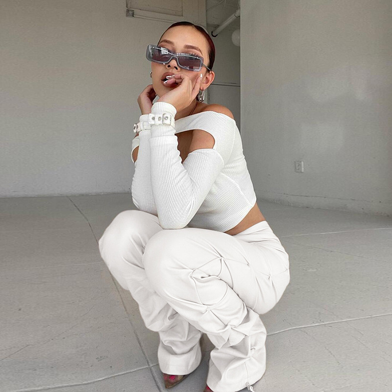 High Waist Pleated Slim Beam Feet Pu Leather Trousers NSYOM111866