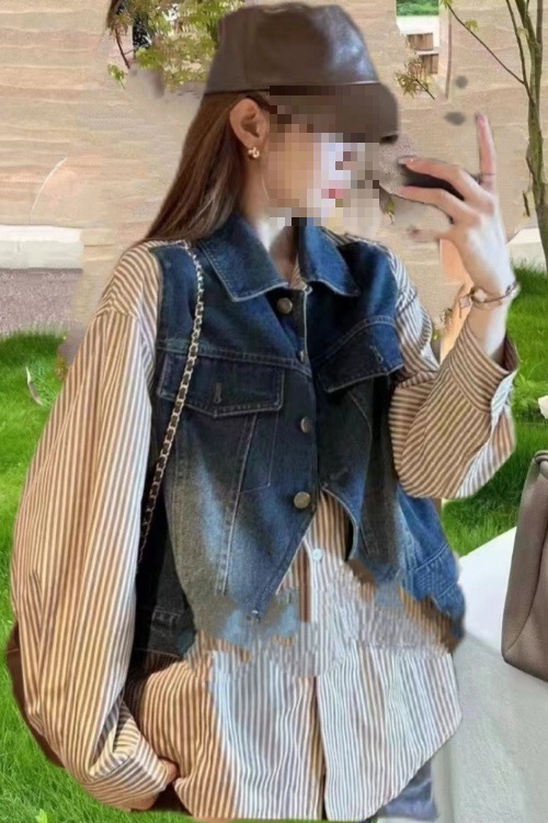 韩版长袖条纹衬衫拼接牛仔马甲假两件休闲时尚女装秋休闲外套
