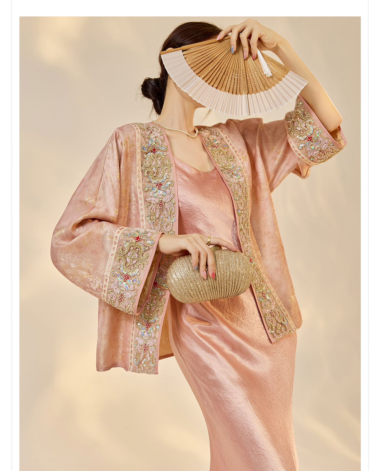 Áo khoác cardigan thêu hoa nặng kiểu Trung Hoa mới, đính cườm cao cấp N7065 — hồng chi tiết 12