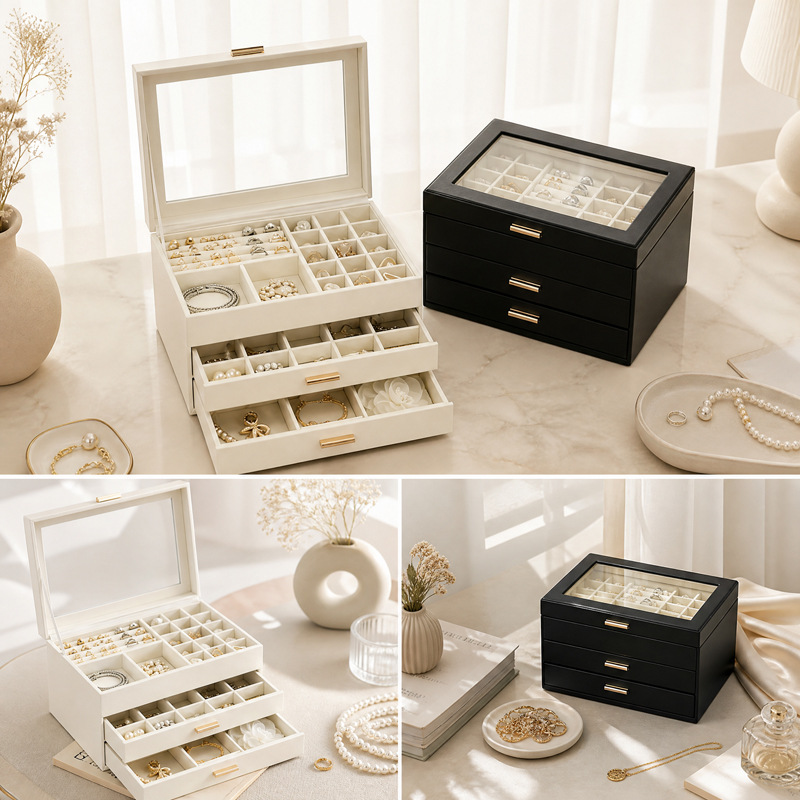 Caja de almacenamiento de joyas de suministro directo transfronterizo, estilo ligero y lujoso, sensación de alta gama, multicapa, gran capacidad, almacenamiento de joyas de tres niveles para uso doméstico.