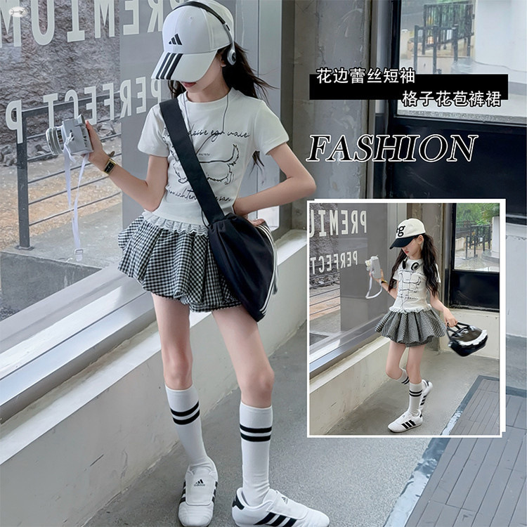 Girls Summer Suit 2025 New Style Medium and Large Children Korean Style Lace Lace T-Shirt Bud Pants Skirt Two-Piece Set