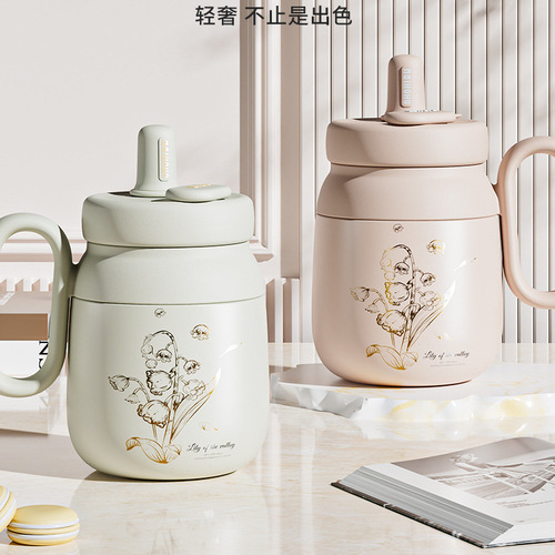 Portable handle stainless steel ceramic liner thermos cup girls office handy cup tea straw coffee cup