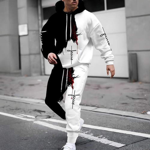 3D Digital Printing Hooded Sweatshirt Set with Letter Jungle Pattern Hooded Couple's Outfit