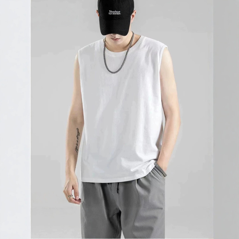 Men's American-Style Heavy-Duty Sleeveless T-Shirt Vest for Summer, Gym Workout, Pure Cotton, Round Neck, Loose Fit, Short Sleeve
