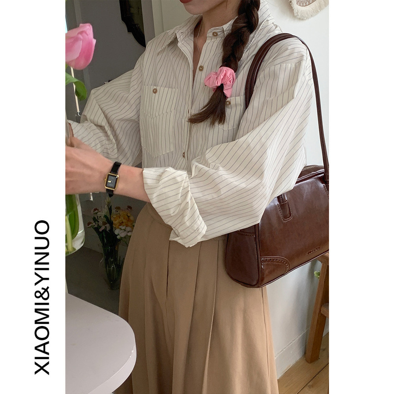 [Oufan] Hong Kong Style Double Flap Pocket Pants Design Stripesd Shirt Women's 2025 Spring New Loose Elegant Top 1203