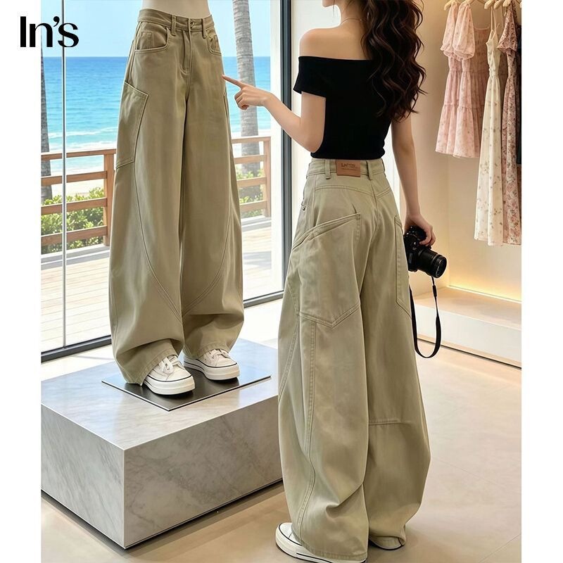 Plus-size khaki workwear wide-leg jeans for women, high-waisted, loose fit, stylish, slimming, and suitable for hiking Plus-size khaki workwear wide-leg jeans for women, high-waisted, loose fit, stylish, slimming, and suitable for hiking