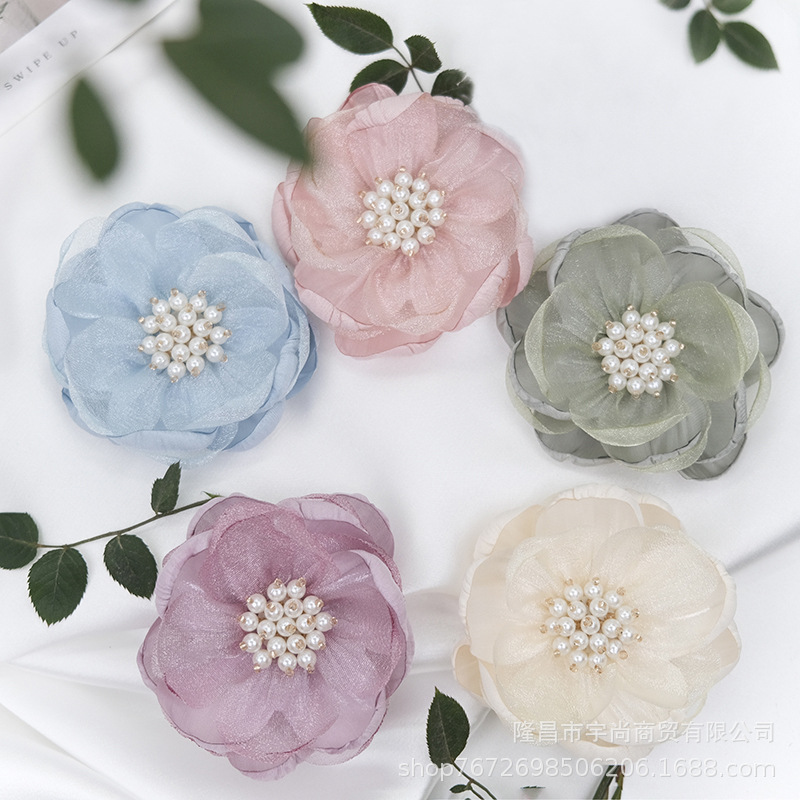 欧根纱立体布艺雪纱花朵手工钉珠diy假花鞋花头饰礼服发夹材料