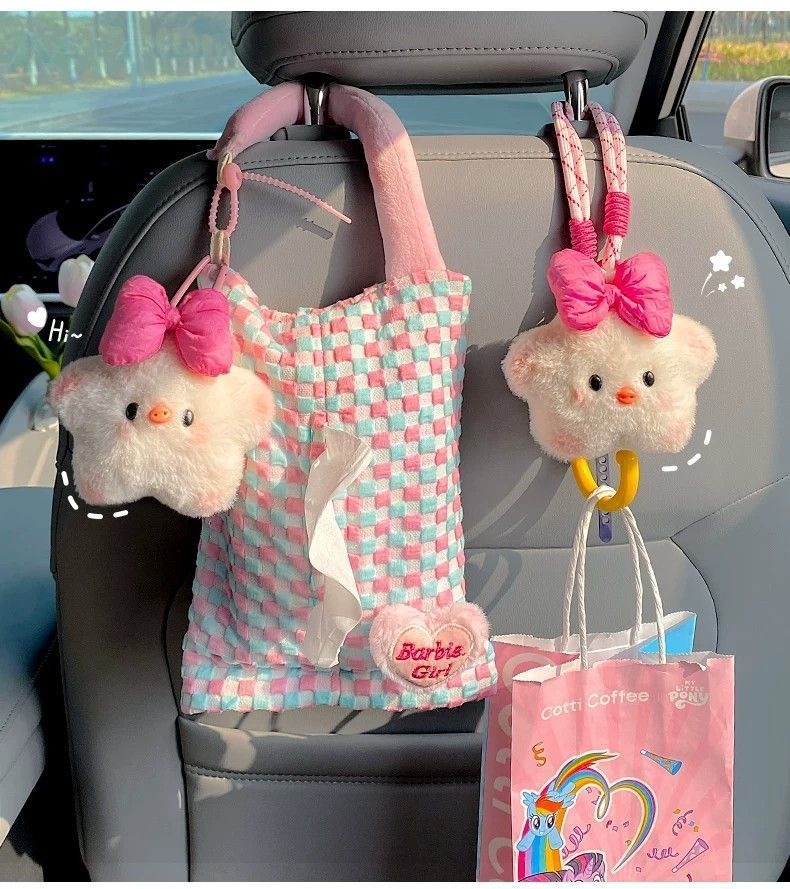 Car-mounted tissue box and trash bin 2-in-1 cute star pig storage hanging bag car seat back decoration tissue bag for women