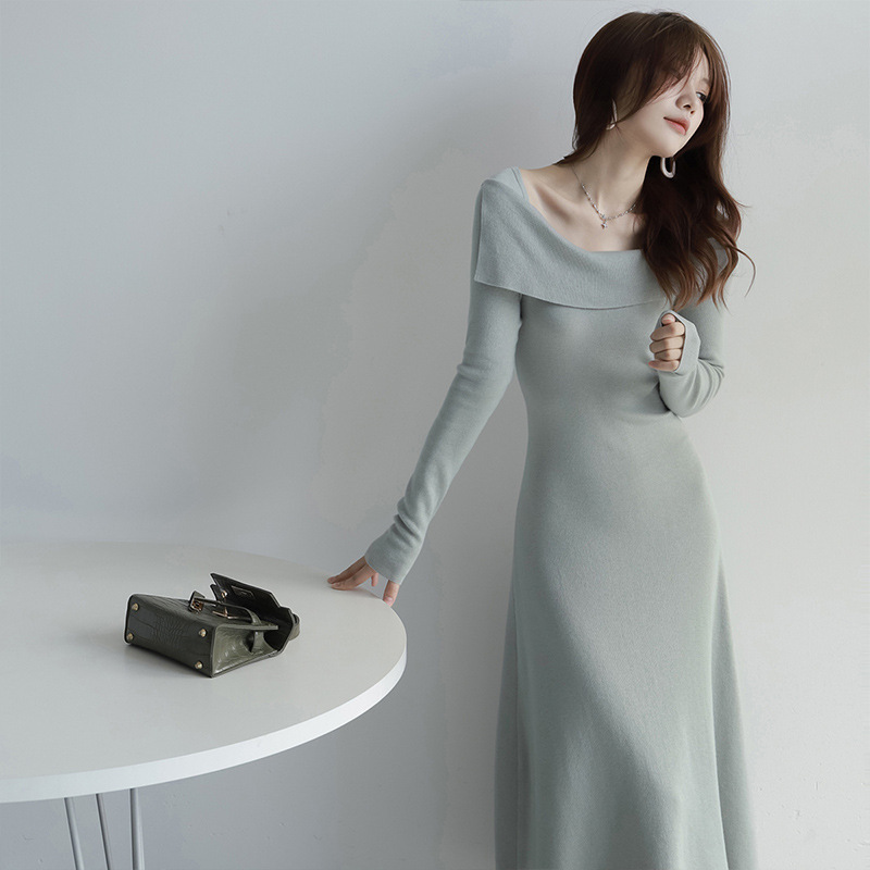 Zhengqite Clothing/One-Shoulder Waist-Cinching Wool Knit Dress for Women, Slim-Fit Long Dress