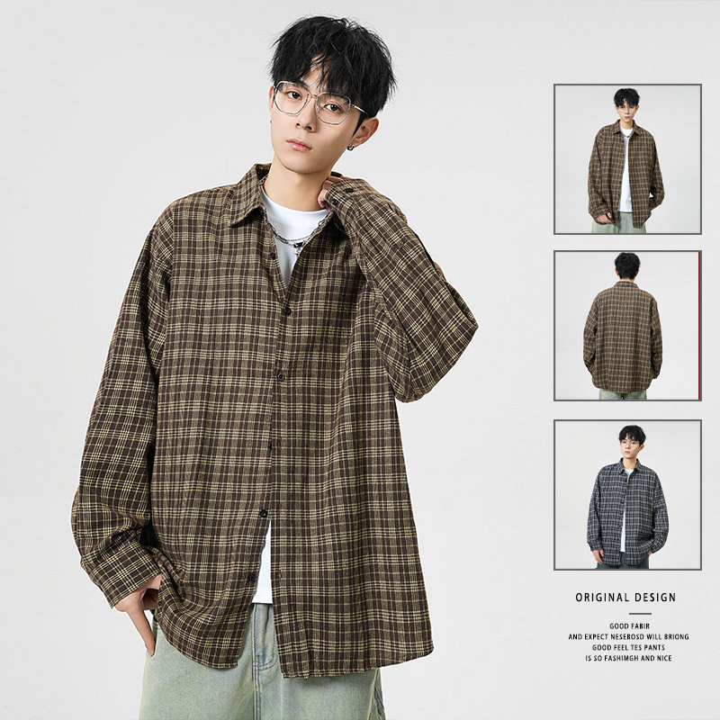 Spring Plaid Shirt Men's Retro Casual Loose Jacket Trendy Hong Kong Style Long-Sleeved Shirt Brown Gray Spring Plaid Shirt Men's Retro Casual Loose Jacket Trendy Hong Kong Style Long-Sleeved Shirt Brown Gray