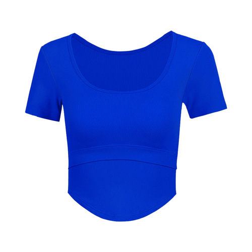 Back-hole fixed bra cups yoga top for women, summer short-sleeve fitness top, slimming and shaping exercise top