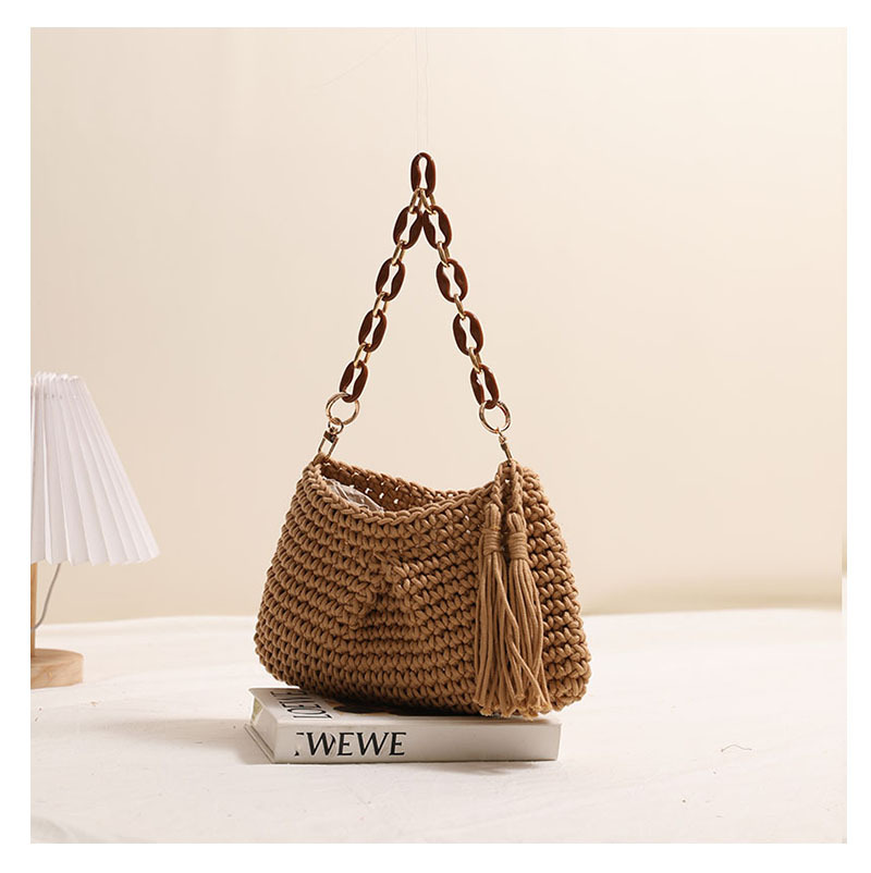 Tassel, Weave Fashion Element Women's Cotton Solid Color Vacation Tassel Weave Dumpling Shape Open Shoulder Bag