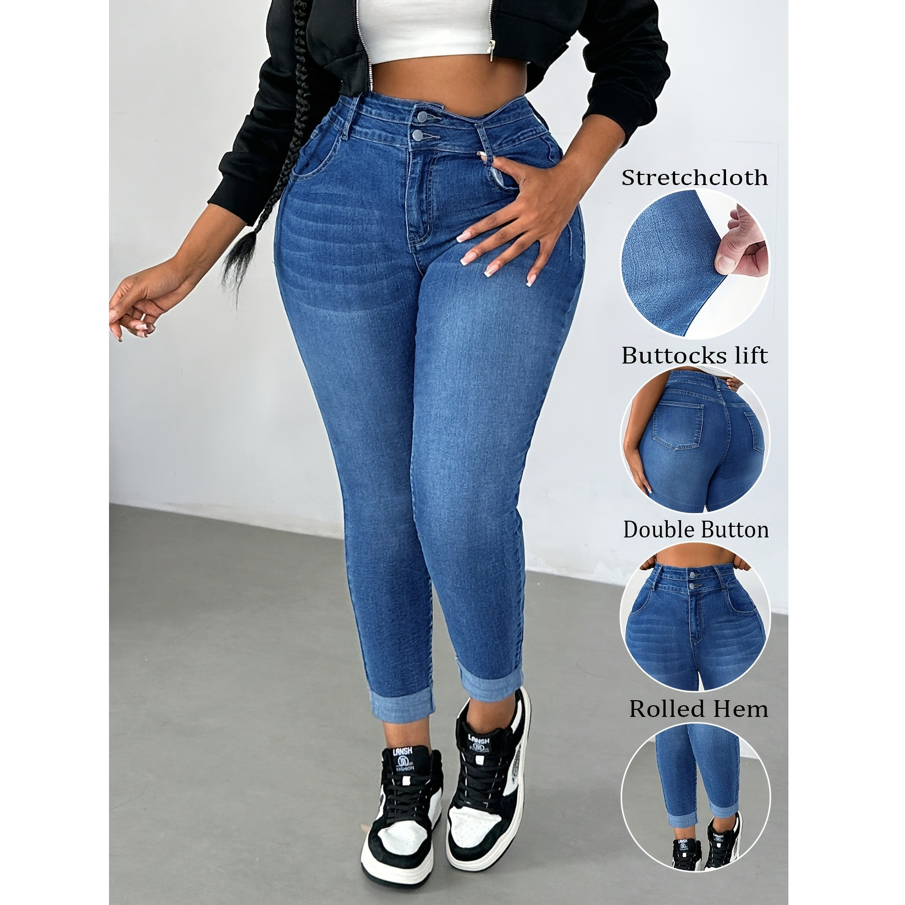 New European and American cross-border style double-button washed denim stretch skinny fashion jeans