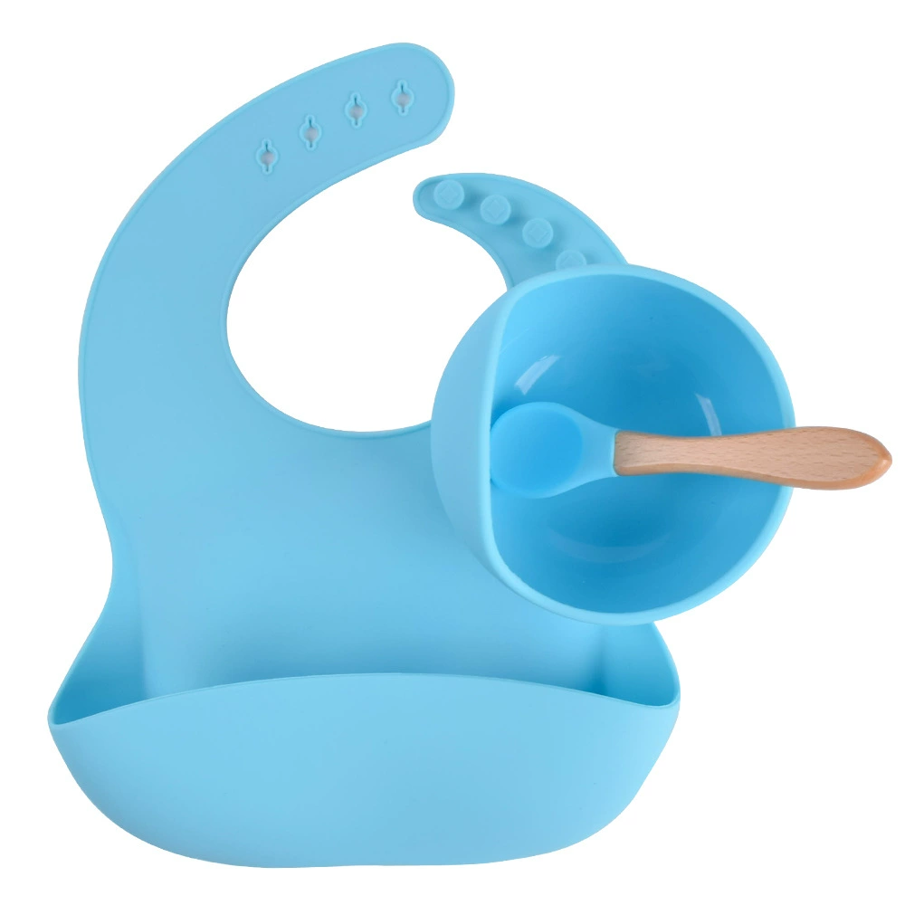 Silicone children's tableware set — bib, bowl and spoon with suction base, multi-color