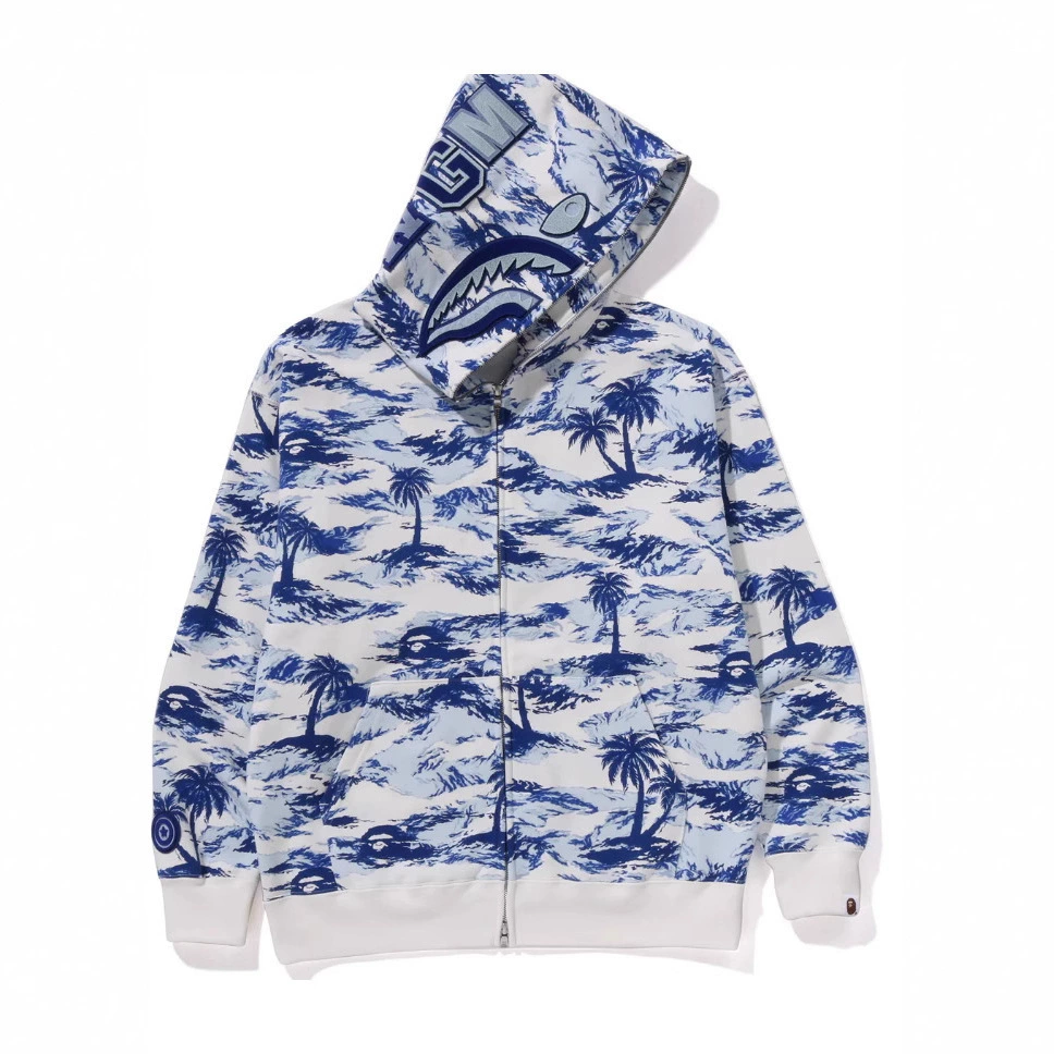 2025年欧美春季新款潮牌迷彩拉链连帽卫衣帽衫鲨鱼头宽松男女同款