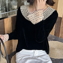 南油女装上新真丝绒拼接娃娃领上衣25秋款法式减龄小衫长袖不退换