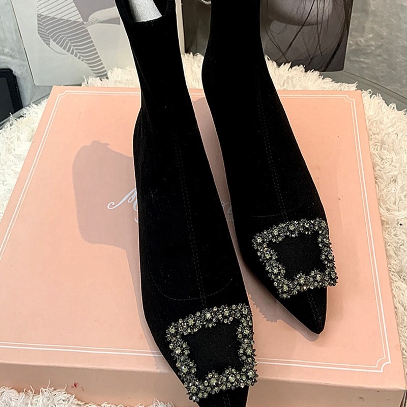 Autumn elastic black high heels with rhinestones pointed-toe