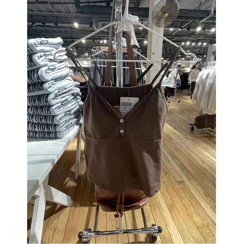 Bm Style Summer American Brown Lace Button Suspbottomer Top Women's Slim Fit Inner Bottoming Vest Summer Bm Style Summer American Brown Lace Button Suspbottomer Top Women's Slim Fit Inner Bottoming Vest Summer